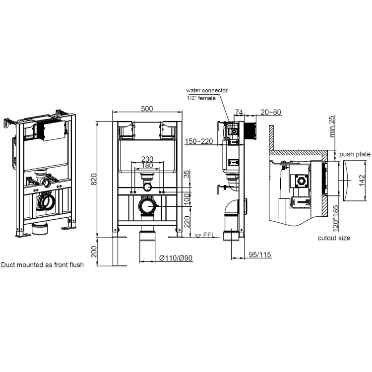 Wall Hung Rimless Toilet with Slim Soft Close Seat Frame Cistern and Chrome Flush - Newport