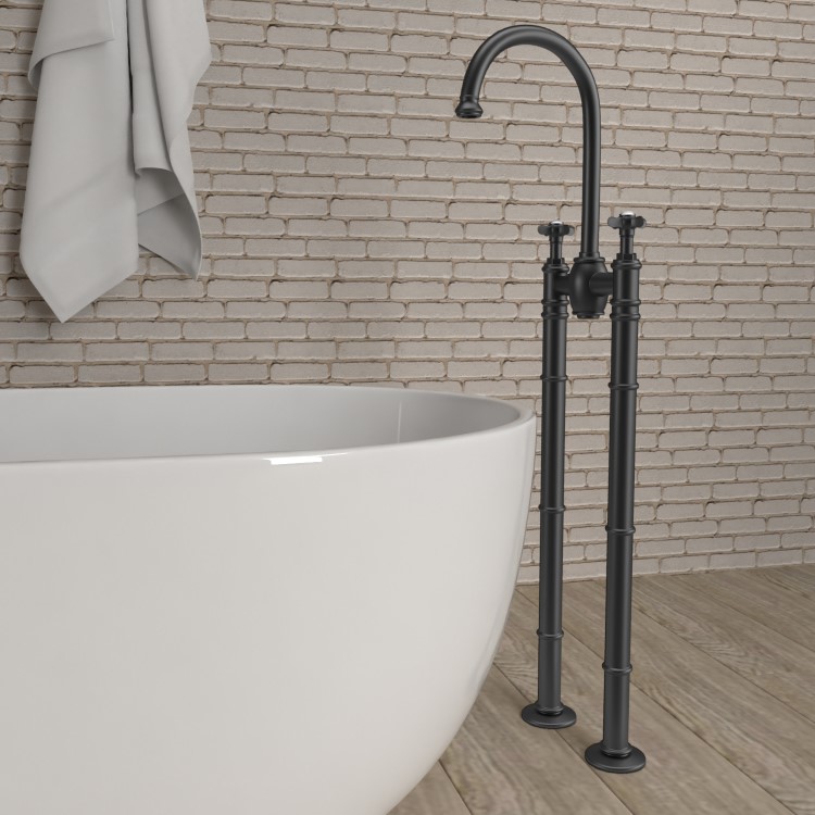 Black Freestanding Bath Shower Mixer and Wall Mounted Basin Tap Set - Camden