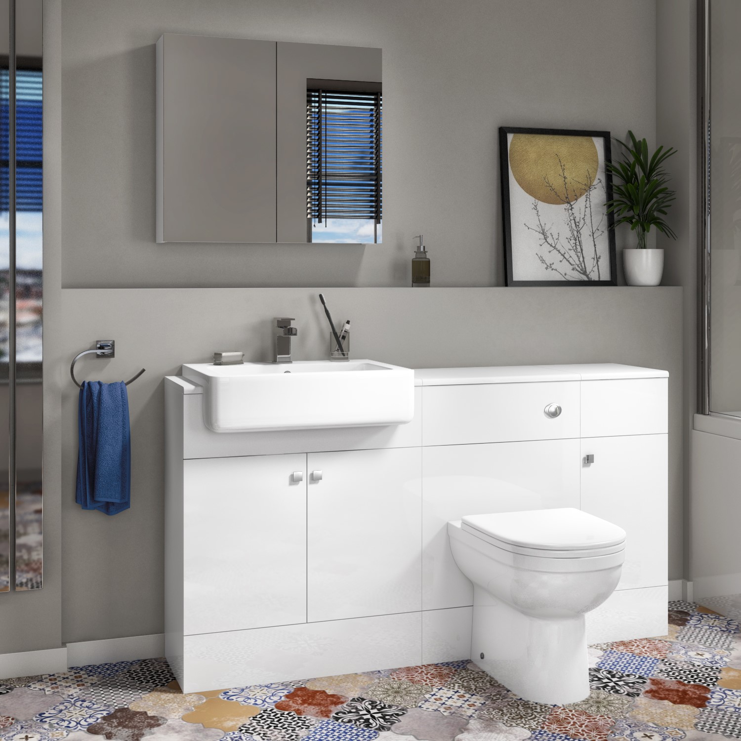 1500mm White Toilet and Sink Unit with Storage Unit and Round Toilet - Harper