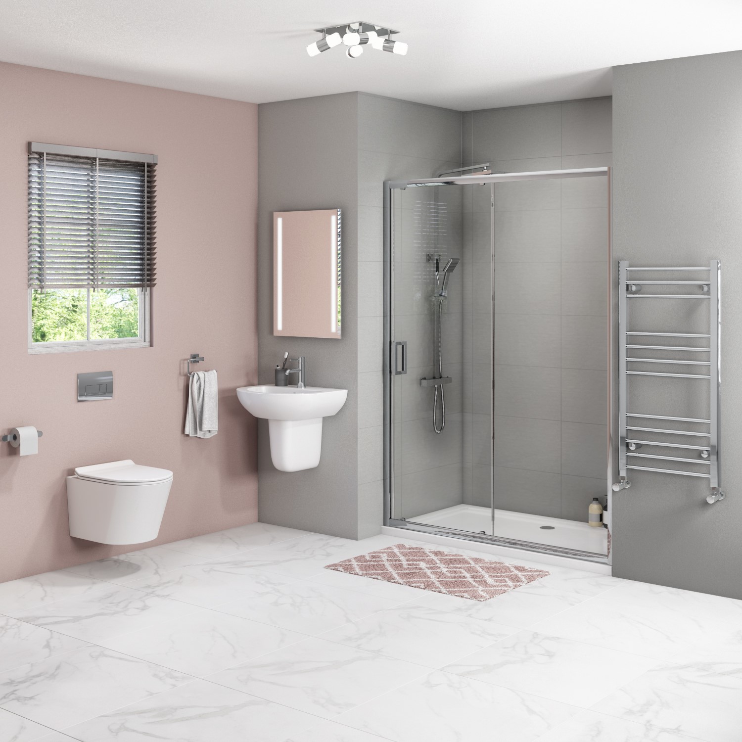 Juno 1100mm Sliding Door Newport Wall Hung Toilet and Semi Pedestal Basin Suite