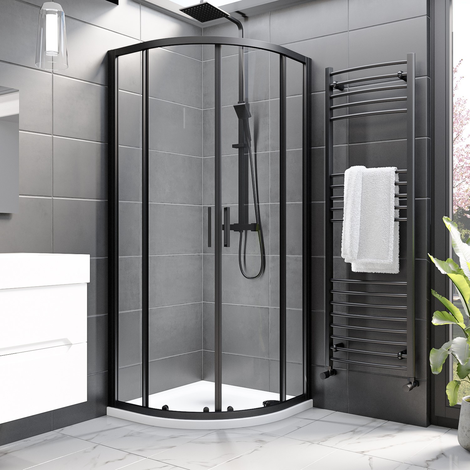 800mm Black Quadrant Shower Enclosure with Stone Resin Tray- Pavo