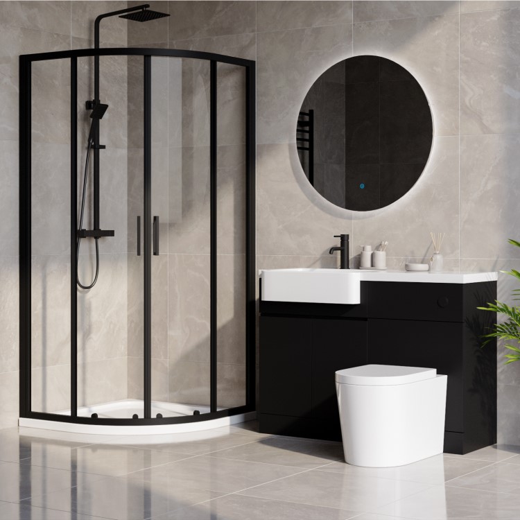 900mm Black Quadrant Shower Enclosure Bathroom Suite with Left Hand Toilet & Sink Unit - Pavo