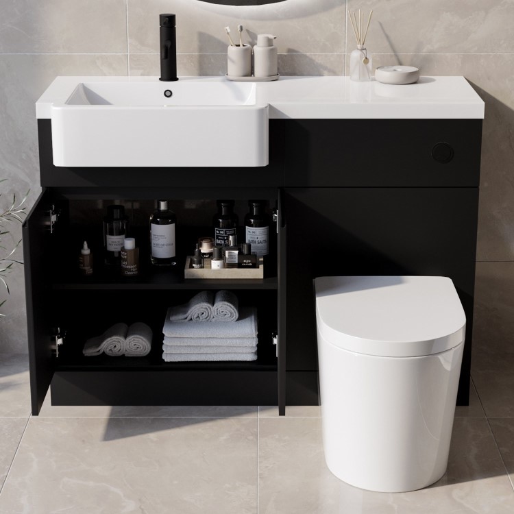 900mm Black Quadrant Shower Enclosure Bathroom Suite with Left Hand Toilet & Sink Unit - Pavo