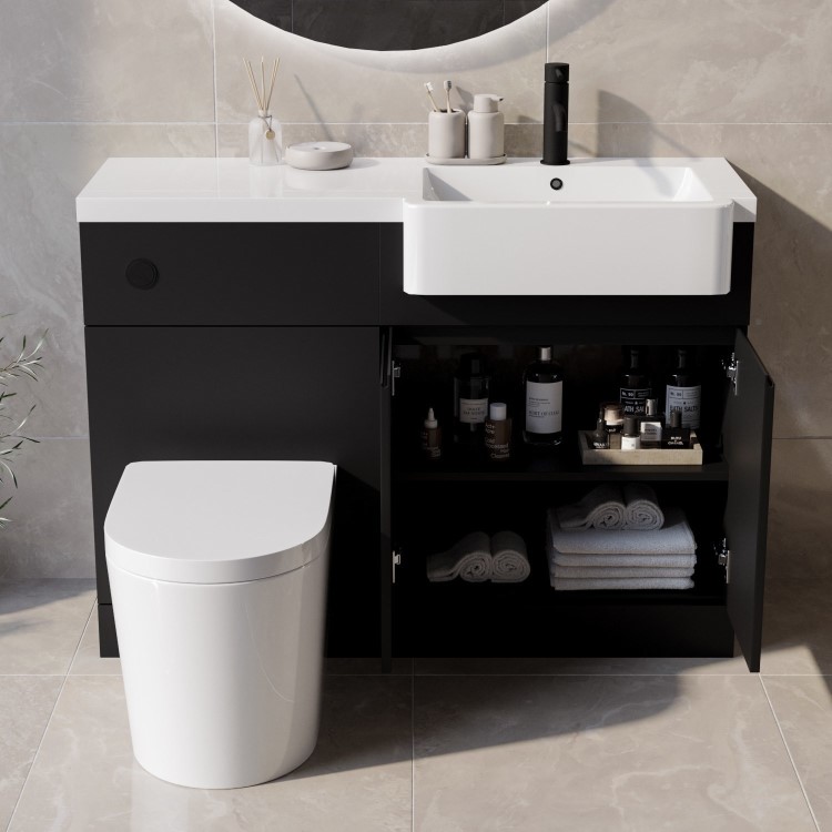 900mm Black Quadrant Shower Enclosure Bathroom Suite with Right Hand Toilet & Sink Unit - Pavo