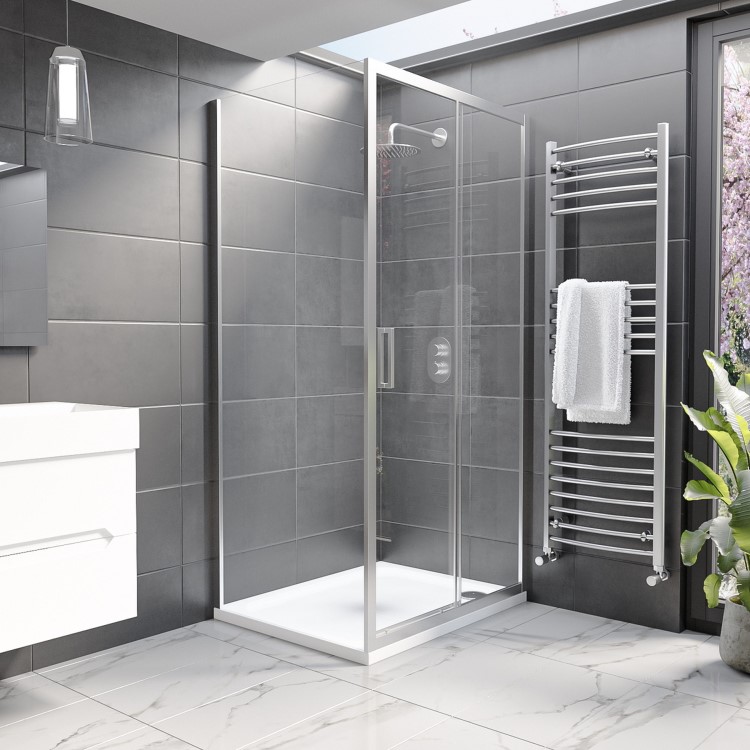 1000x900mm Chrome 8mm Glass Rectangular Sliding Shower Enclosure with Shower Tray - Pavo