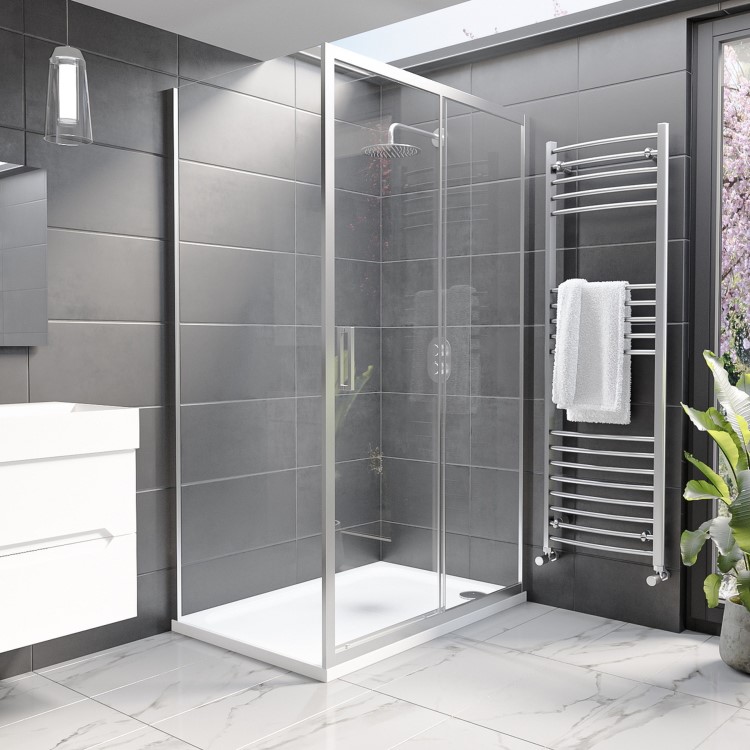1200x800mm Chrome 8mm Glass Rectangular Sliding Shower Enclosure with Shower Tray - Pavo