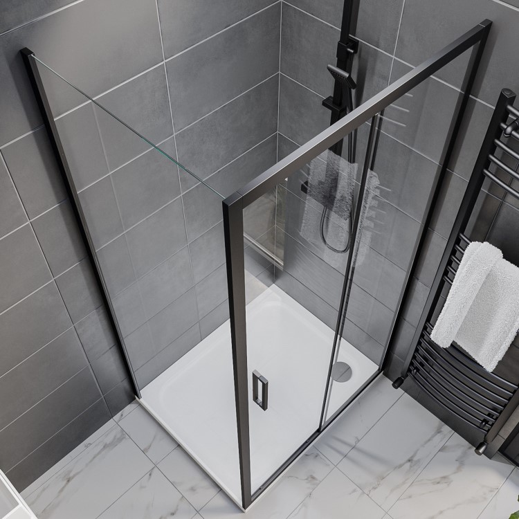 1100x900mm Black 8mm Glass Rectangular Sliding Shower Enclosure - Pavo