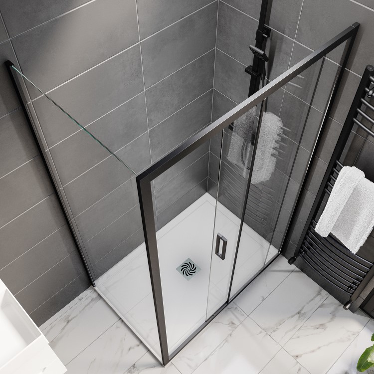 1200x900mm Black 8mm Glass Rectangular Sliding Shower Enclosure with Low Profile Shower Tray - Pavo