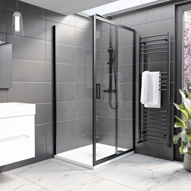 1200 x 800mm Black Rectangular Sliding Door Shower Enclosure with Side Panel Suite with Toilet and Basin - Pavo
