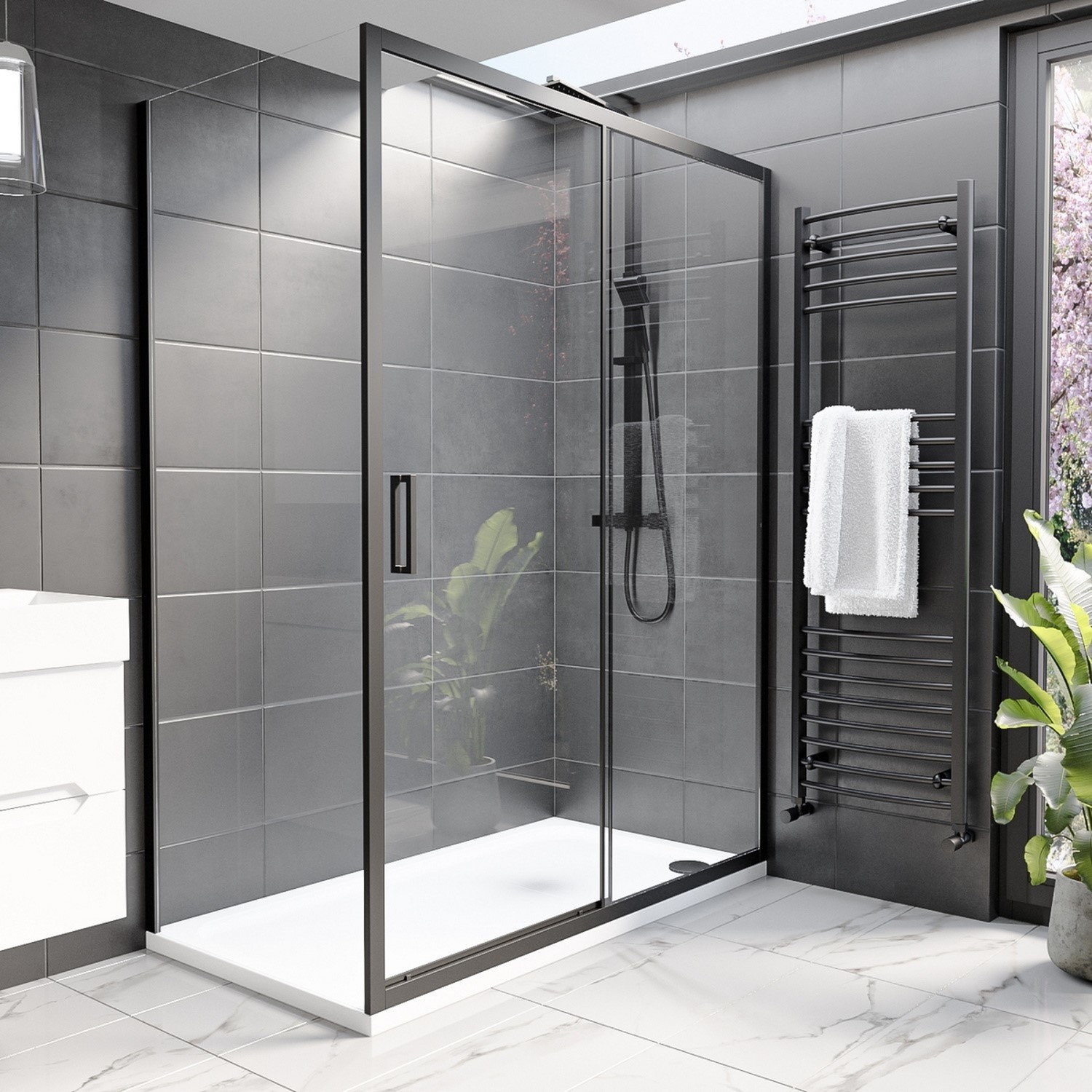 1400 x 900mm Black Rectangular Sliding Shower Enclosure with Tray- Pavo