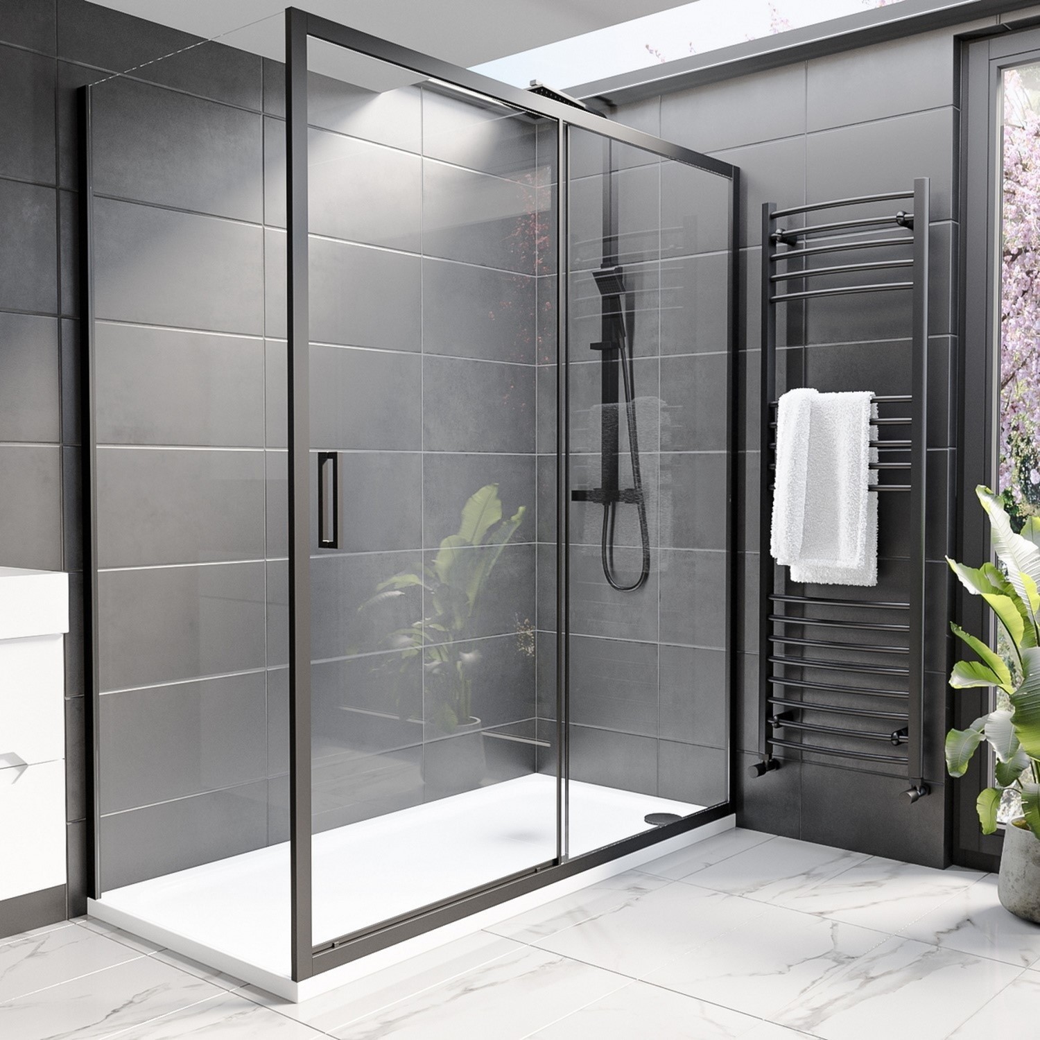 1700 x 900mm Black Rectangular Sliding Shower Enclosure with Tray - Pavo