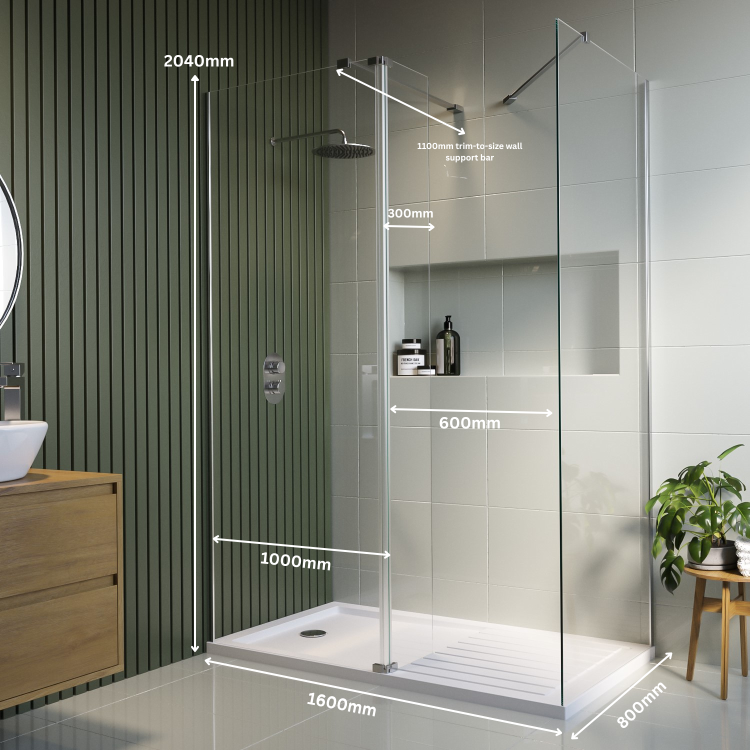 1600x800mm Chrome Walk-In Shower Screen Enclosure with 300mm Hinged Flipper Panel and Shower Tray – Corvus