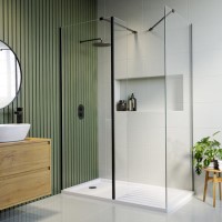 1400x900mm Black Frameless Wet Room Shower Screen Enclosure with 300mm Fixed Panel and Shower Tray with Drying Area - Corvus