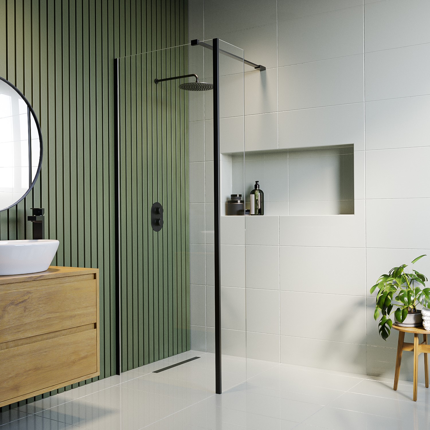 Black 900mm Wet Room Shower Screen with Wall Support Bar & Return Panel - Corvus
