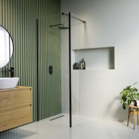 Wet Room Shower Screen 1000mm Black Frameless with 300mm Fixed Panel and Wall Support Bar - Corvus