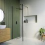 Wet Room Shower Screen 1000mm Black Frameless with 300mm Fixed Panel and Wall Support Bar - Corvus