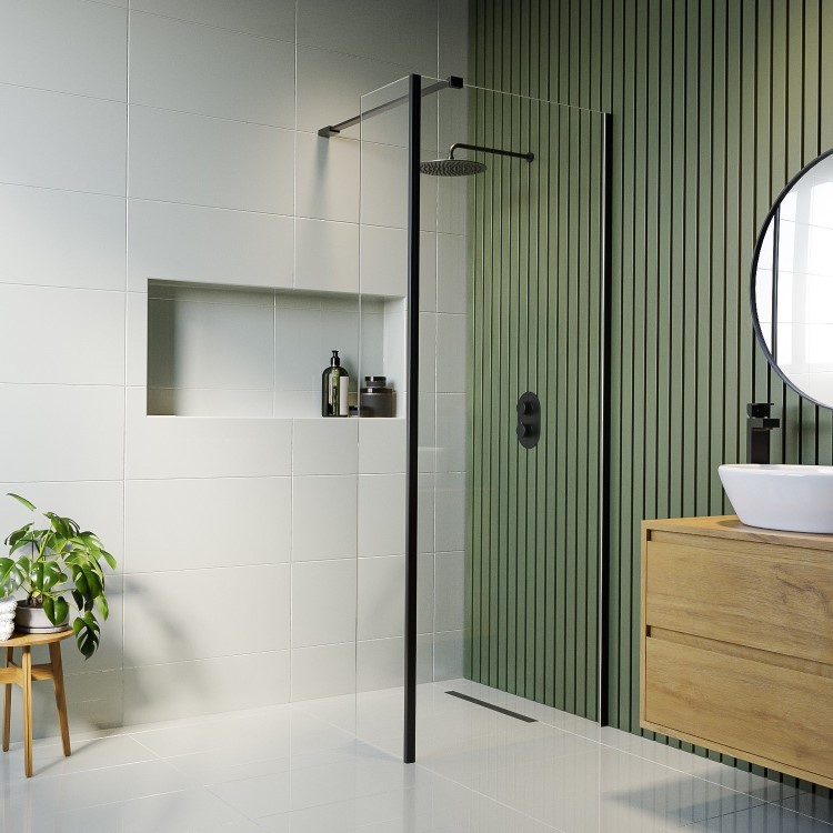Wet Room Shower Screen 1000mm Black Frameless with 300mm Fixed Panel and Wall Support Bar - Corvus