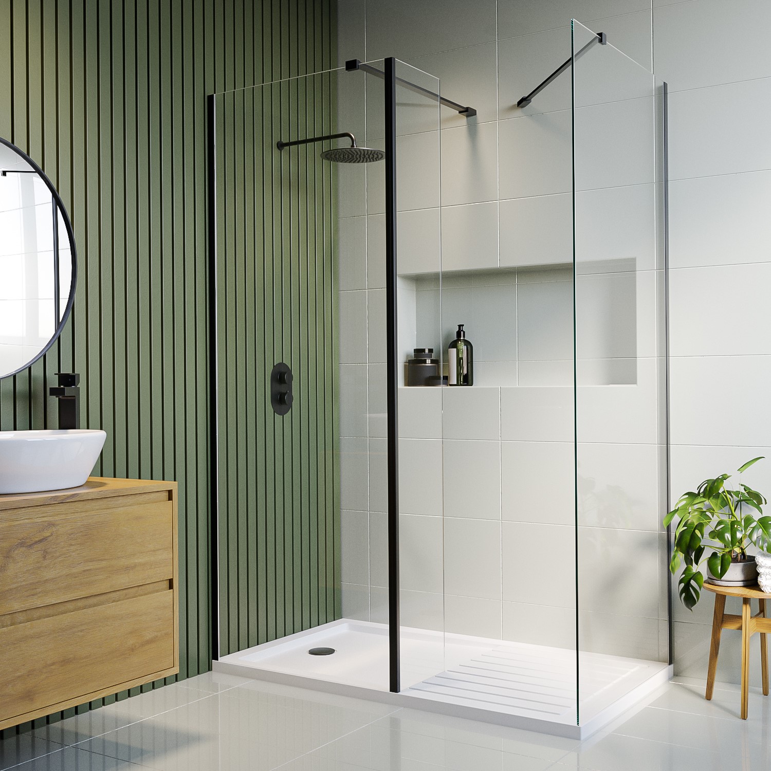 Black 1600mm Walk In Shower Enclosure with Panel and Tray - Corvus