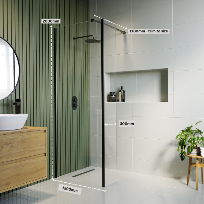 1200mm Black Frameless Wet Room Shower Screen with 300mm Fixed Panel - Corvus
