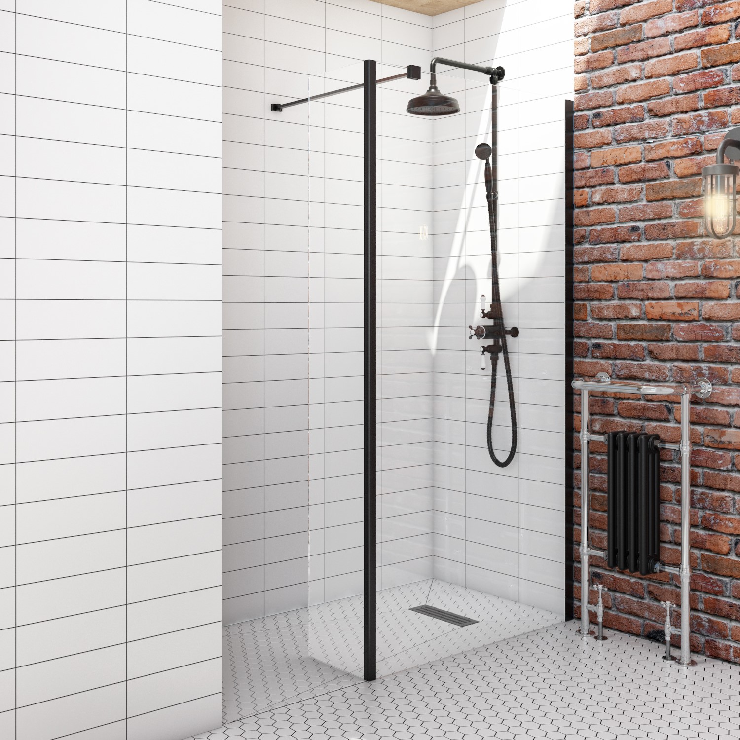 Wet Room Shower Screen with Wall Support Bar & Return Panel 1400mm Black - Corvus