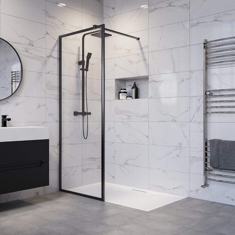 1400x800mm Black Framed Wet Room Shower Screen with Shower Tray - Zolla