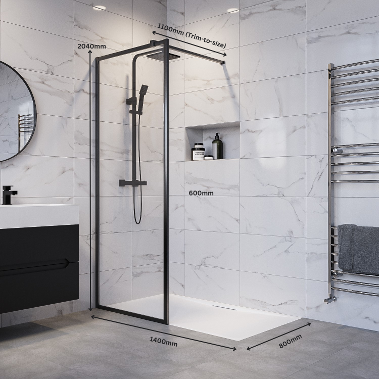 1400x800mm Black Framed Wet Room Shower Screen with Shower Tray - Zolla
