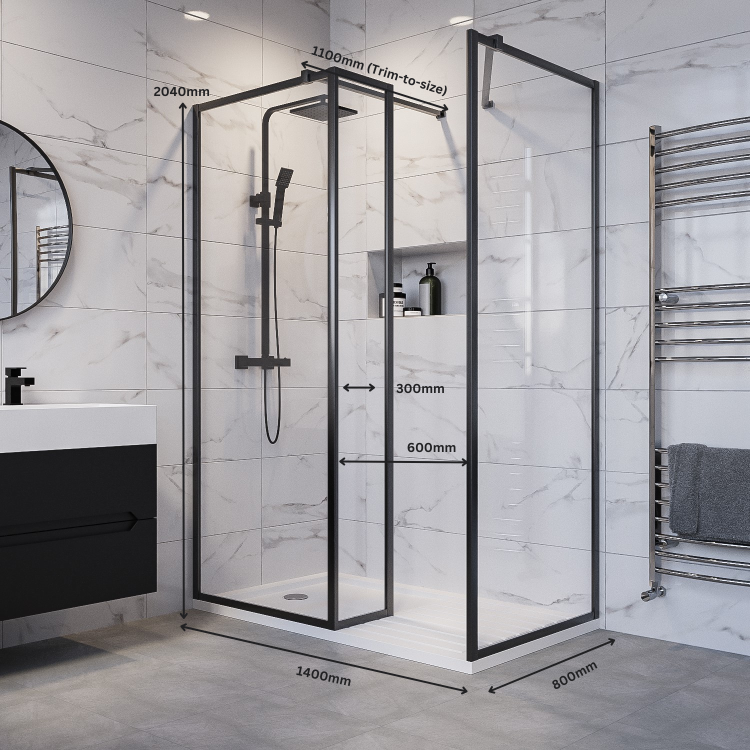 1400x800mm Black Framed Walk In Shower Enclosure with 300mm Fixed Panel and Shower Tray - Zolla