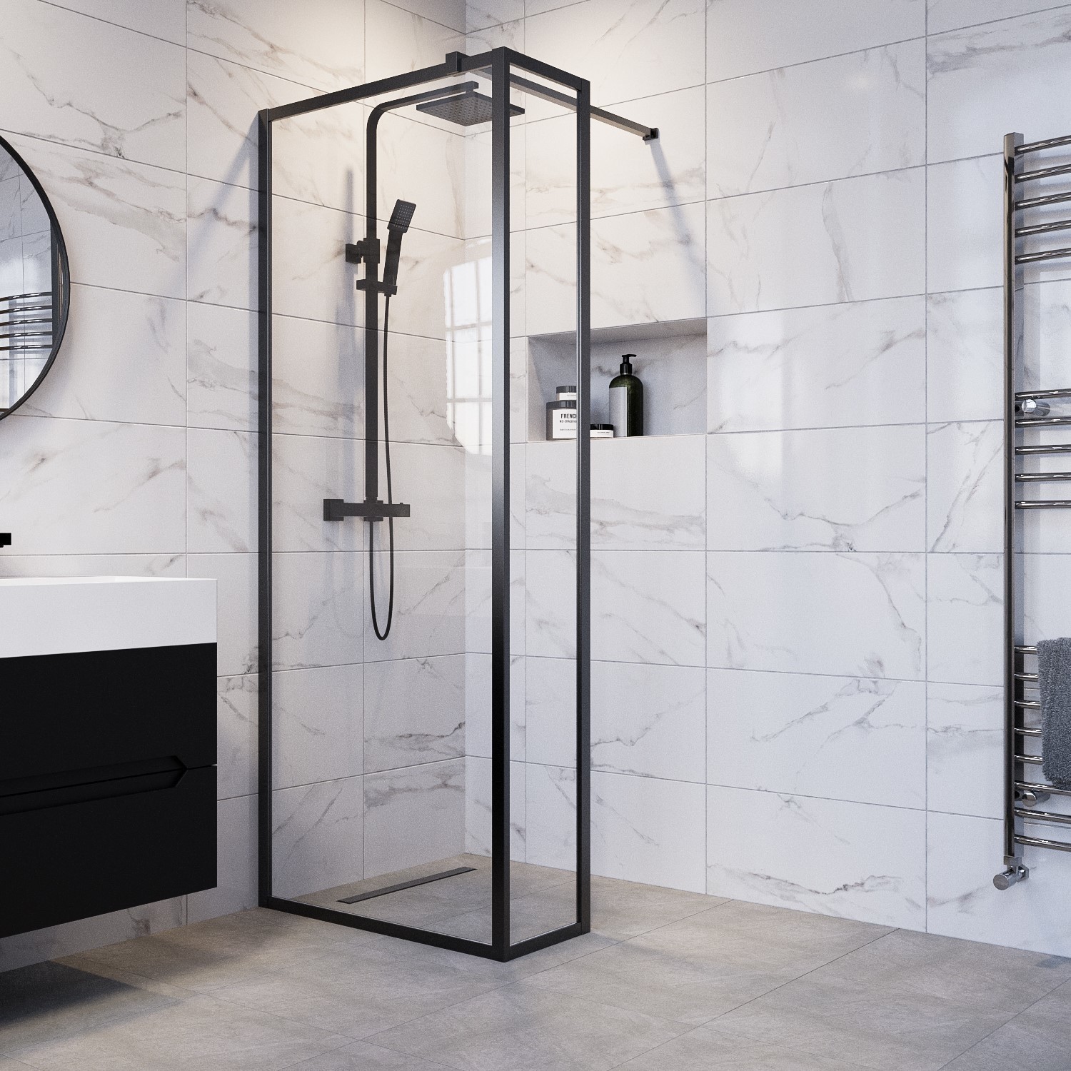 Black 900mm Framed Wet Room Shower Screen with Wall Support Bar & Return Panel - Zolla