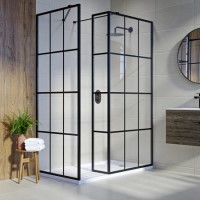 1400x800mm Black Grid Framework Wet Room Shower Screen Enclosure with 300mm Fixed Panel and Shower Tray with Drying Area - Nova 1400x800mm Black Grid Framework Wet Room Shower Screen Enclosure with 300mm Fixed Panel and Shower Tray with Drying Area - Nova