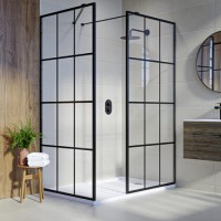 1400x900mm Black Grid Walk In Shower Screen Enclosure and Shower Tray with Drying Area - Nova 1400x900mm Black Grid Walk In Shower Screen Enclosure and Shower Tray with Drying Area - Nova