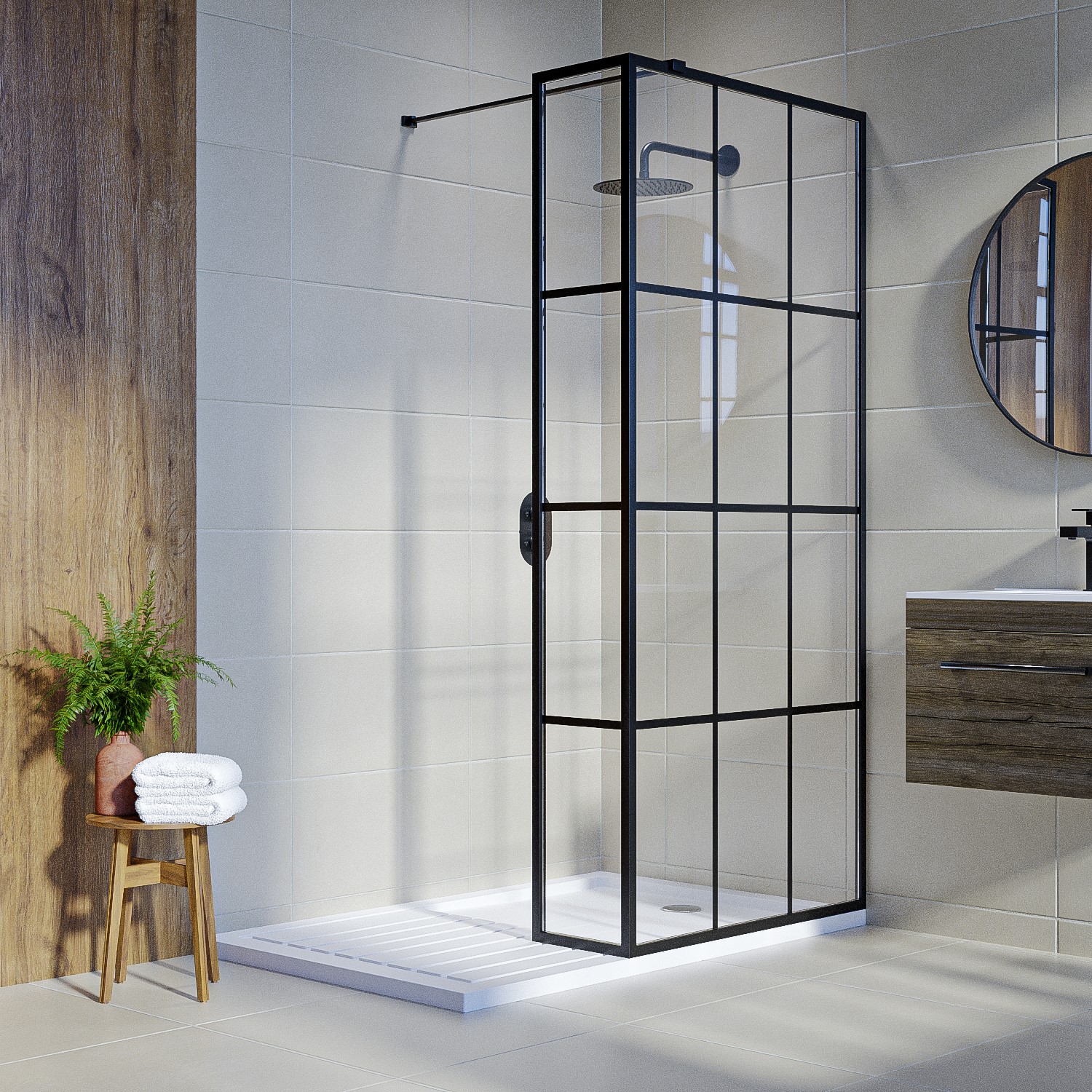 Black 900mm Grid Wet Room Shower Screen with Wall Support Bar & Return Panel - Nova