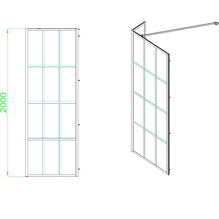 1200mm Black Grid Shower Screen for Wetroom & Walk In Shower with 300mm Fixed Panel- Nova