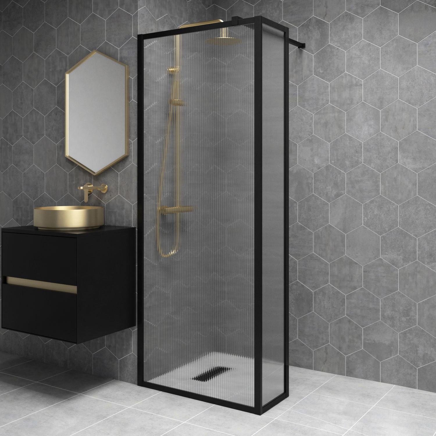 Black 800mm Fluted Glass Wet Room Shower Screen with Wall Support Bar & Return Panel - Volan