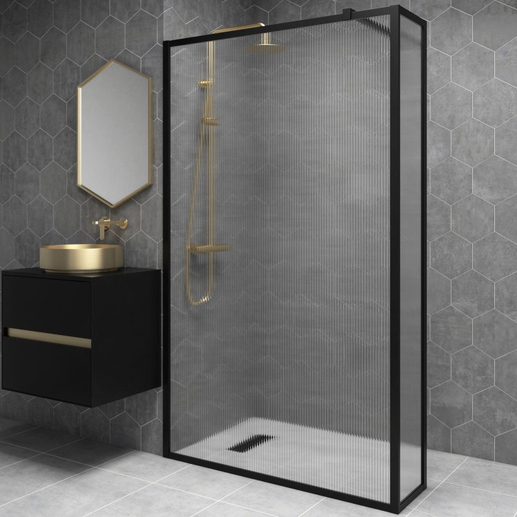 1200mm Black Fluted Glass Wet Room Shower Screen with Return Panel - Volan