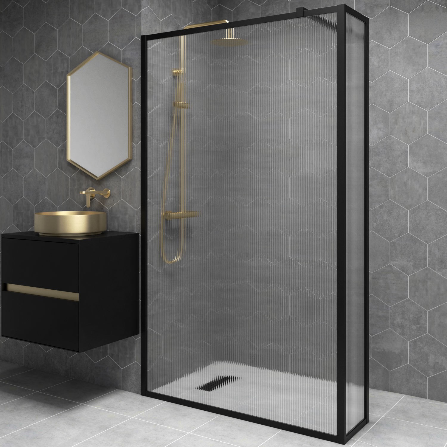 Black 1200mm Fluted Glass Wet Room Shower Screen with Wall Support Bar & Reutrn Panel - Volan