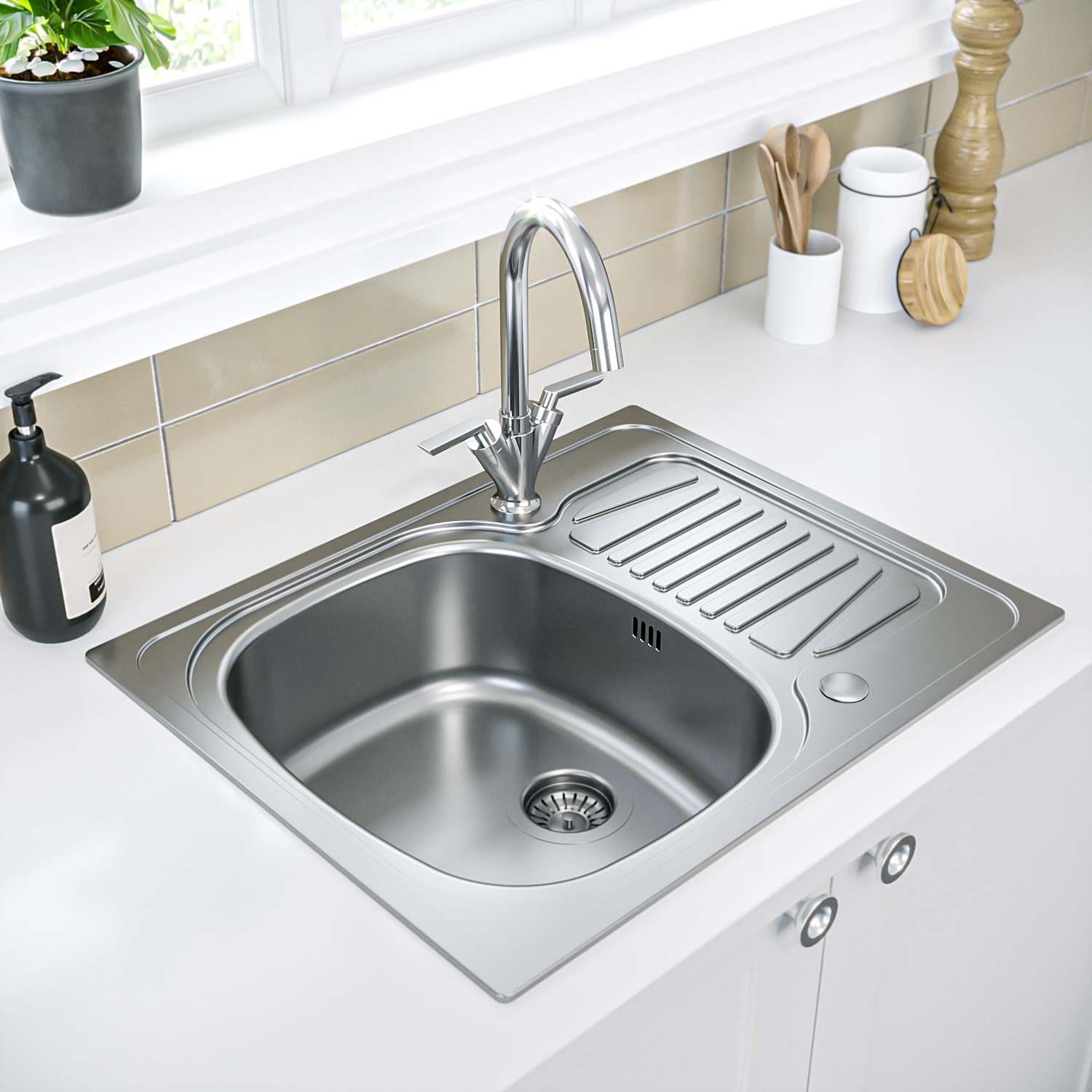 Single Bowl Inset Chrome Stainless Steel Kitchen Sink with Reversible Drainer - Essence Ava