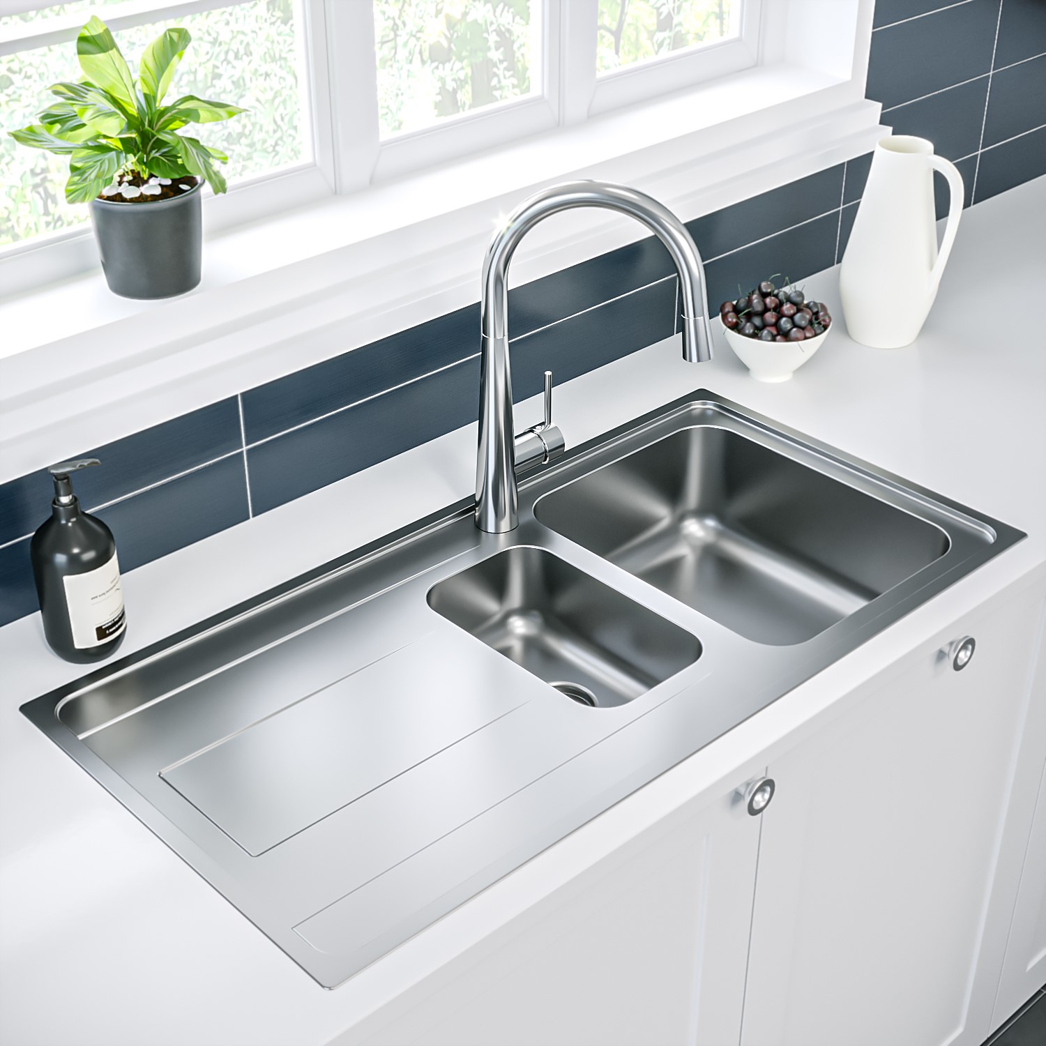 1.5 Bowl Chrome Stainless Steel Reversible Inset Kitchen Sink with Pull Out Mixer Tap Set - Enza