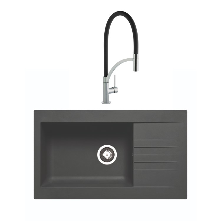 Single Bowl Black Composite Kitchen Sink & Black Pull Out Kitchen Mixer Tap - Essence Amelia