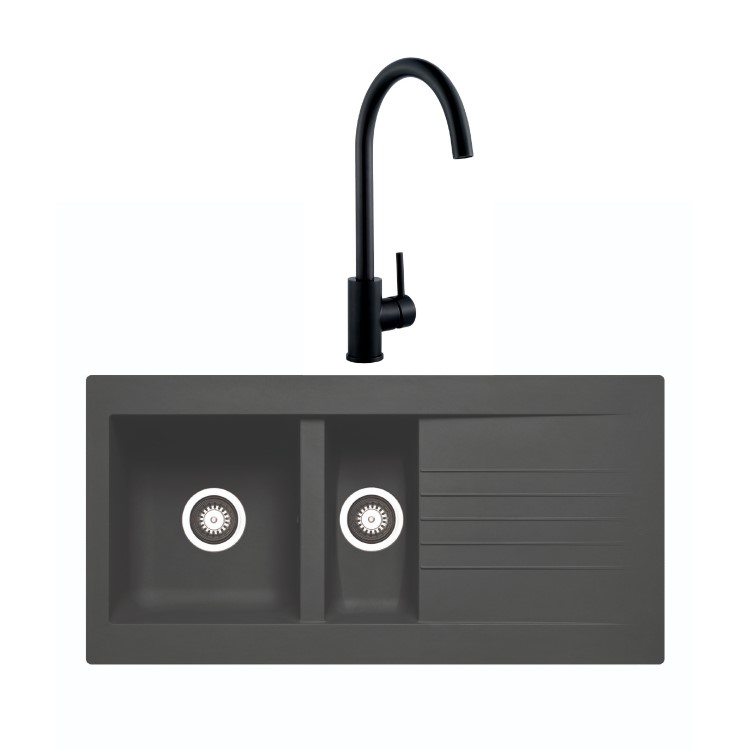 1.5 Bowl Black Composite Kitchen Sink & Black Kitchen Mixer Tap - Essence Amelia