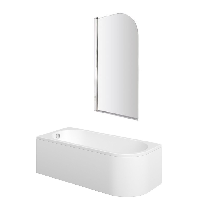 Jersey J Shaped Right Hand Bath 1700mm x 750mm with Front Panel and 1450mm Chrome Bath Screen