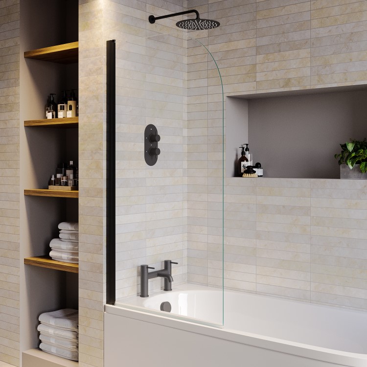 J Shape Shower Bath Left Hand with Front Panel & Black Bath Screen 1700 x 750mm - Jersey