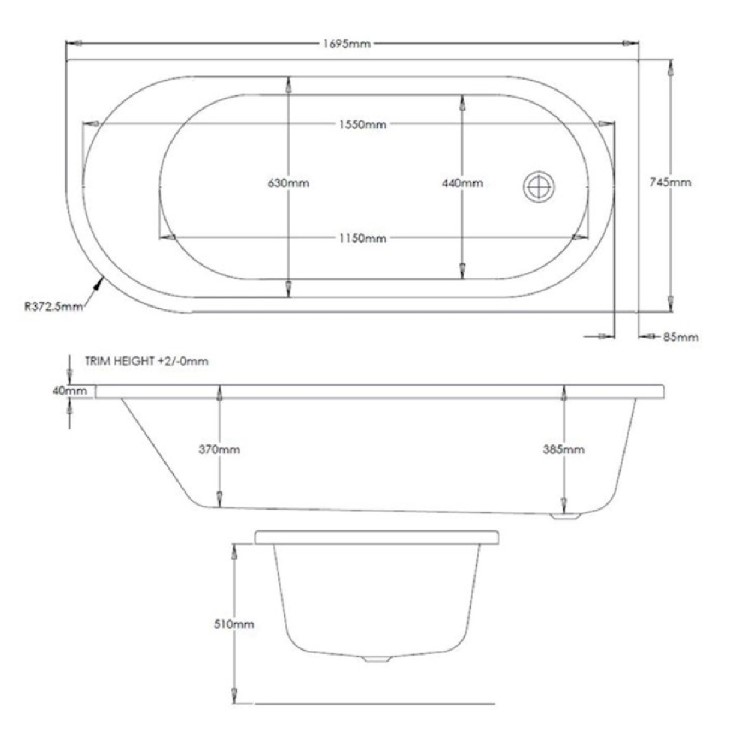 J Shape Shower Bath Left Hand with Front Panel & Black Bath Screen 1700 x 750mm - Jersey