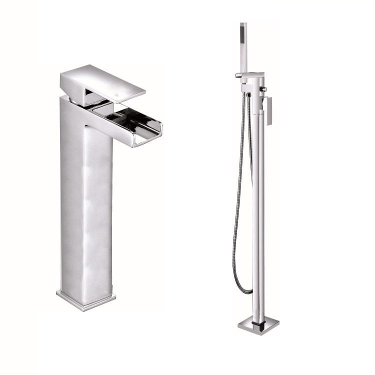 Chrome Tall basin tap and freestanding bath filler tap pack - Quadra