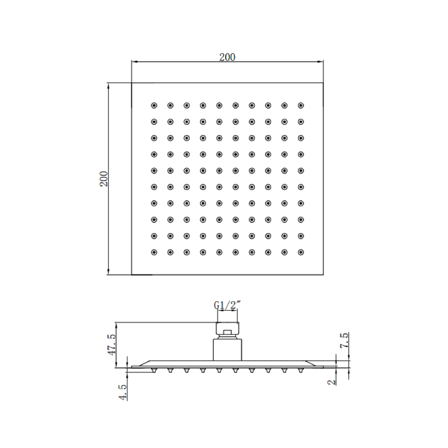 Square Ceiling Arm 200mm