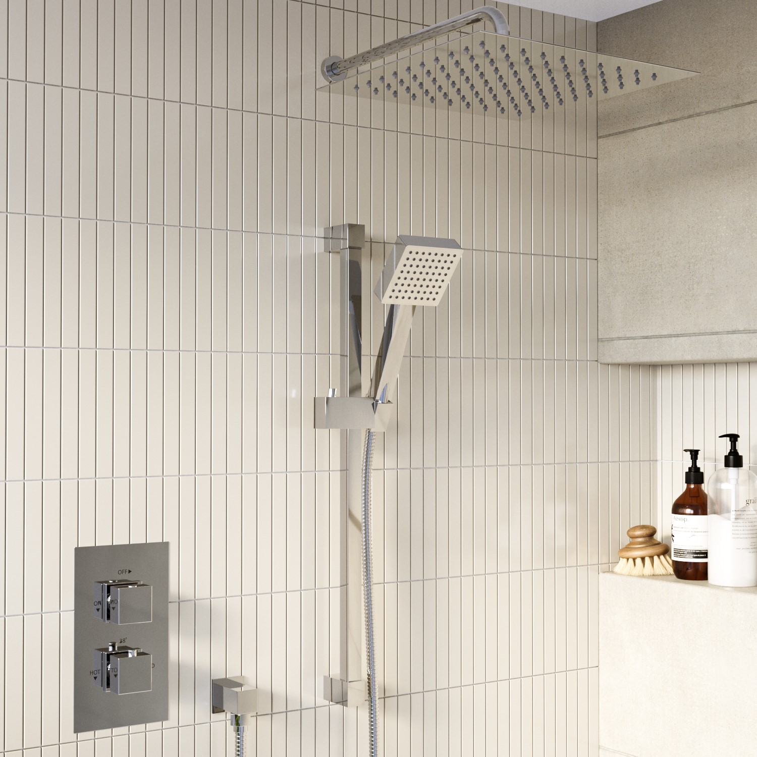 Concealed Thermostatic Mixer Shower with Slim Wall Mounted Shower Head & Handset - Cube