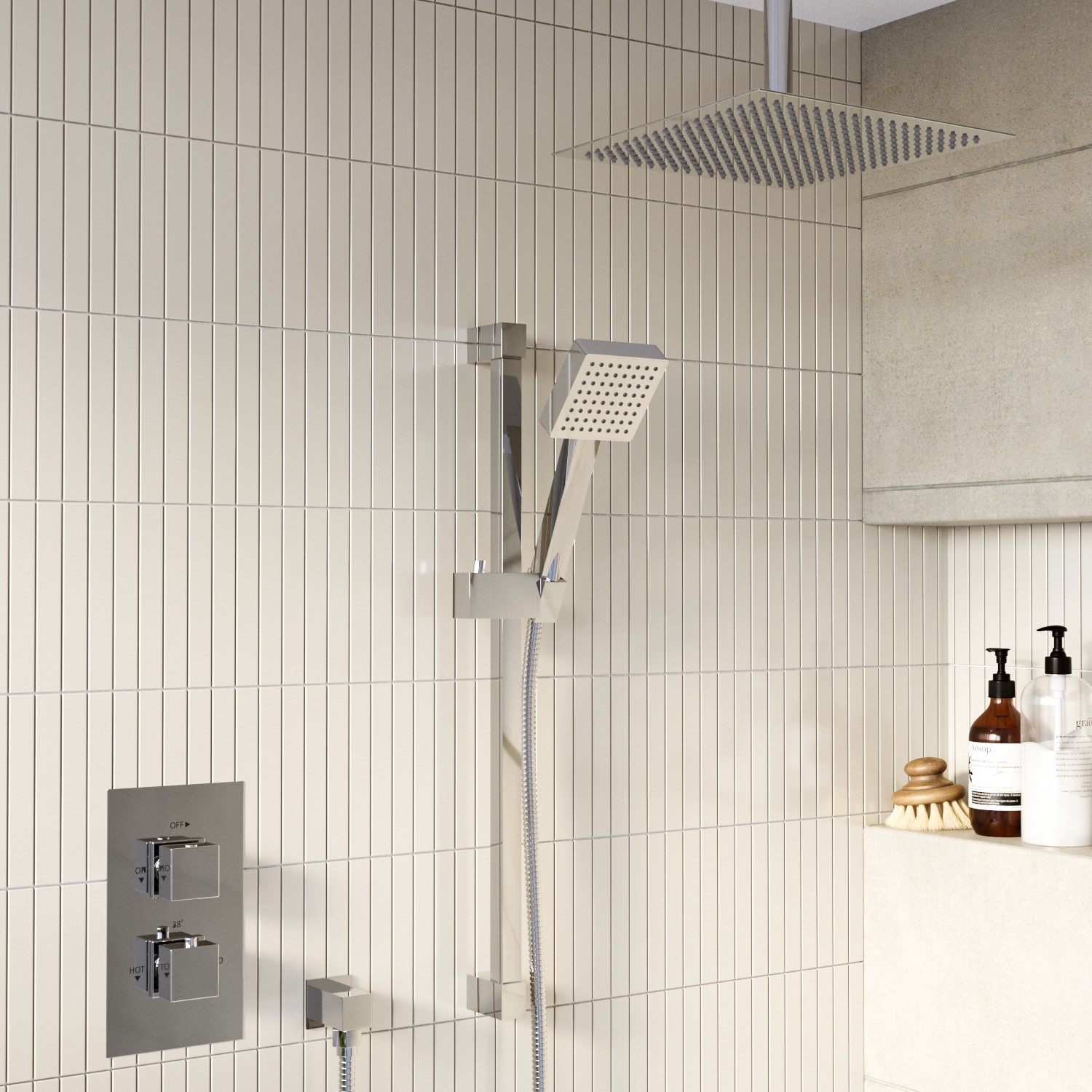Two Handle Concealed Thermostatic Mixer Shower with Slim Square Overhead & Handset - Cube