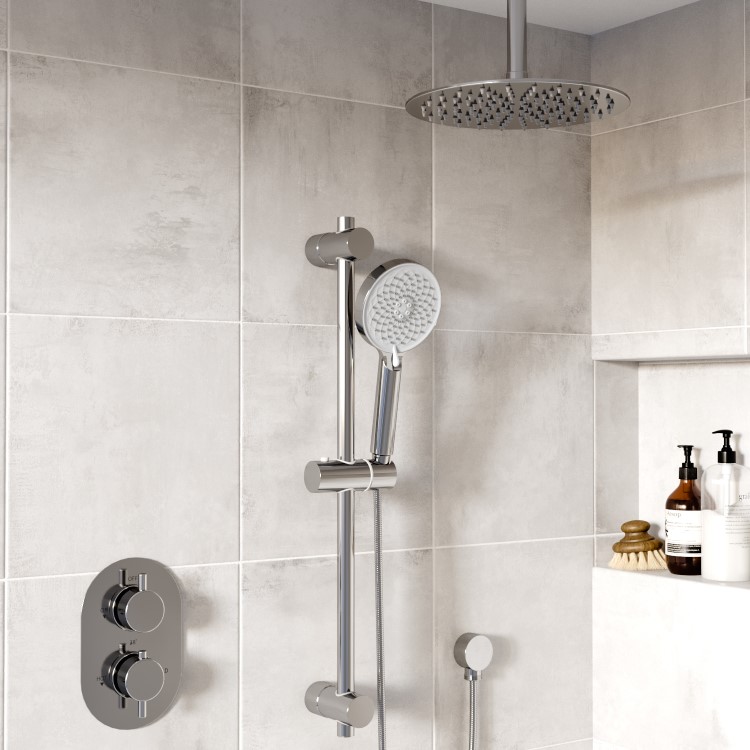 Chrome 2 Outlet  Ceiling  Mounted Thermostatic Mixer Shower Set with Hand Shower - Flow