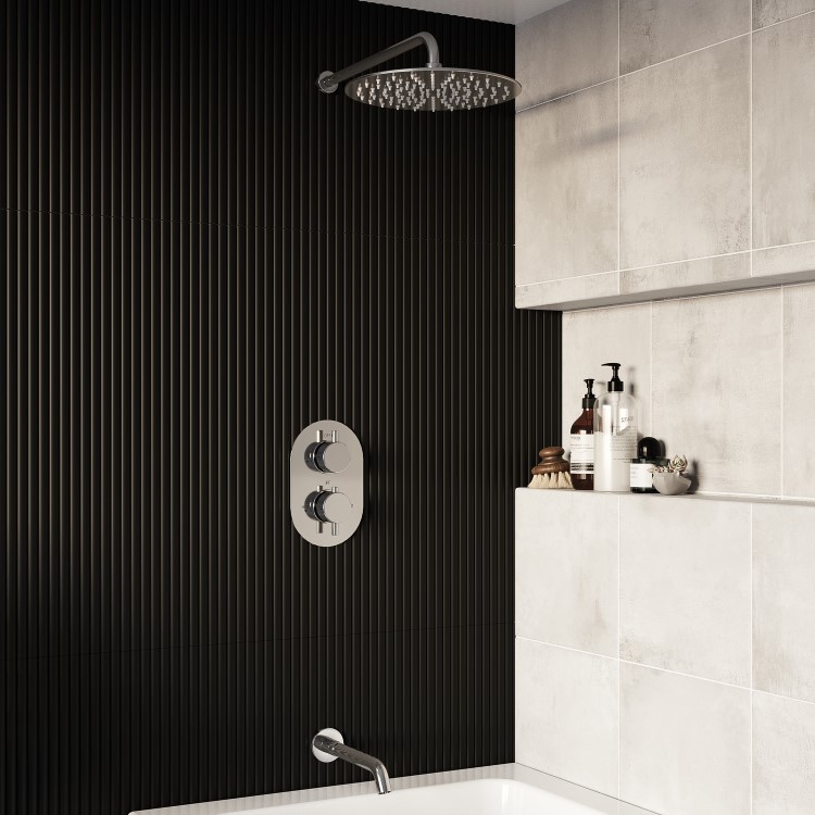 Chrome 2 Outlet Thermostatic Bath Mixer Shower Set With 300mm Wall Mounted Shower Head and Bath Filler Spout - Arissa