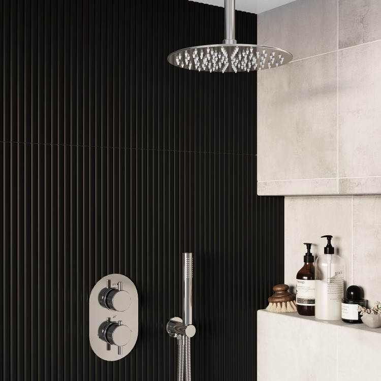 Chrome Dual Outlet Ceiling Mounted Thermostatic Mixer Shower Set With Hand Shower - Arissa