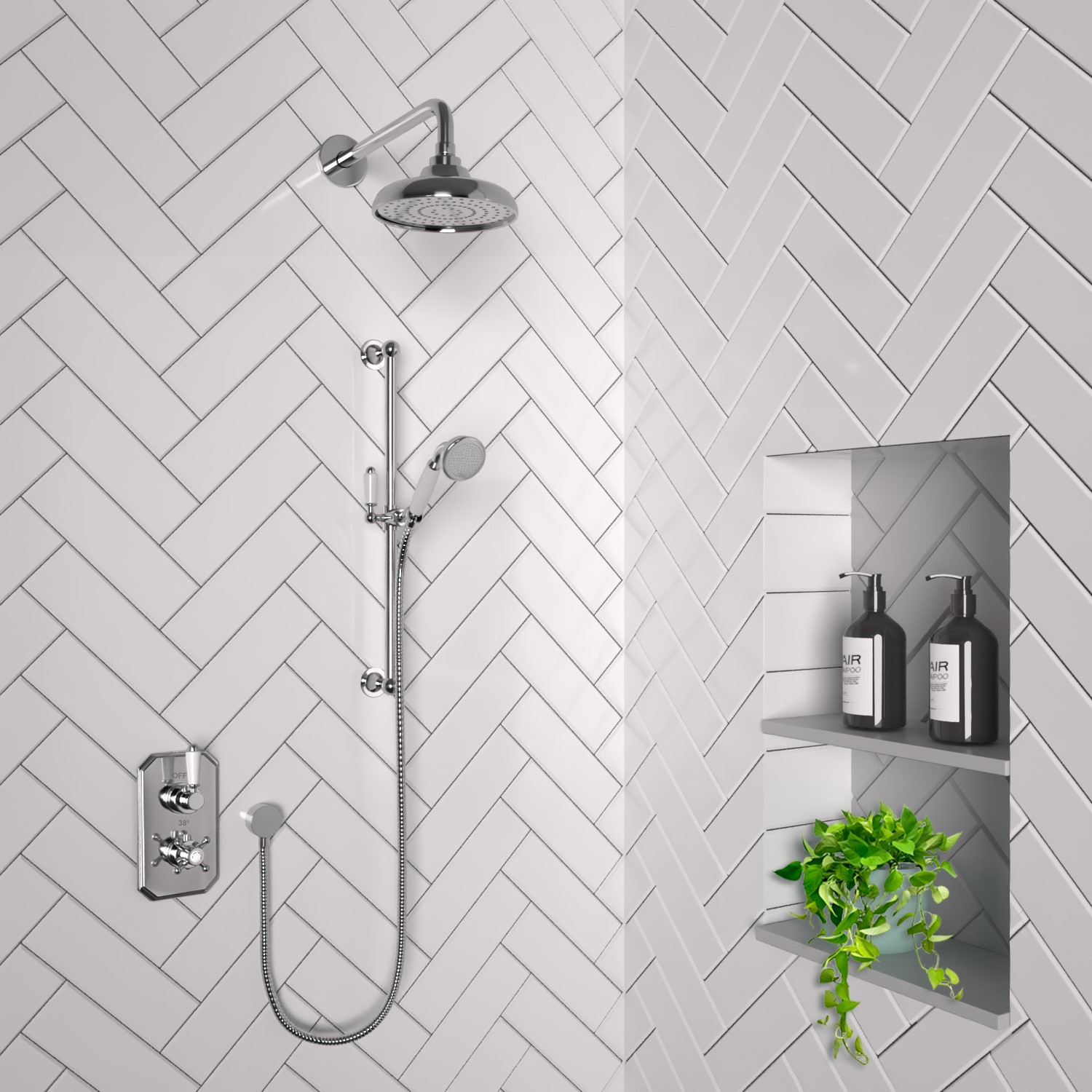 Traditional Concealed Thermostatic Mixer Shower with Wall Mounted Shower Head & Round Handset - Camb